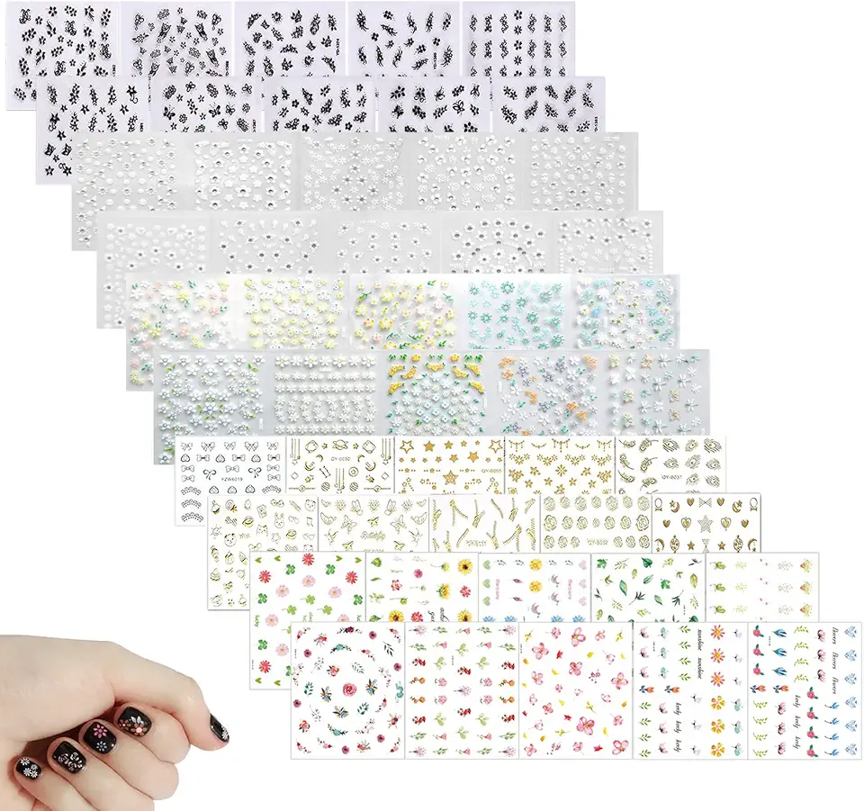 Olakin Adesivi Unghie [50 Fogli], 3D Nail Art Stickers, Decalcomanie 3D Ultraleggere Autoadesive, DIY Decorazioni Unghie Nail Art