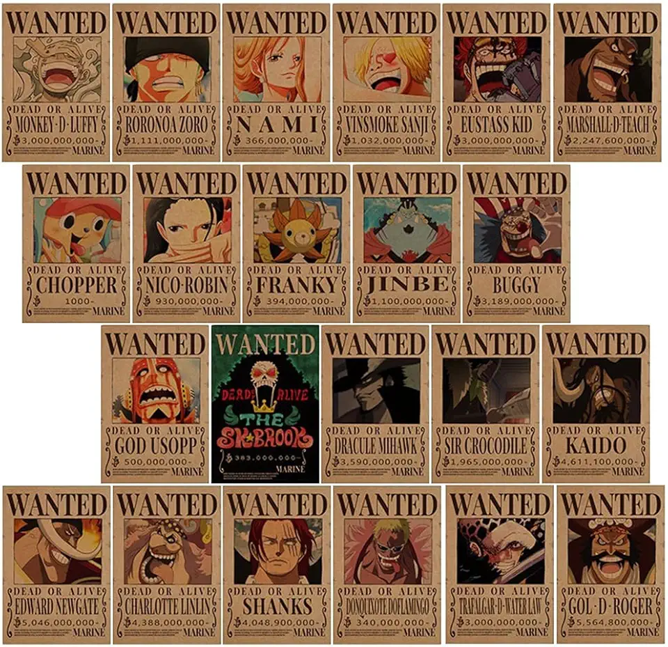 OnePiece Anime Posters,22 PCS OnePiece Luffy Wanted Bounty Poster Per Camera Da Letto Adesivi Murali Decorazioni Estetiche per La Stanza Poster Artistico per La Decorazione della Parete Regali