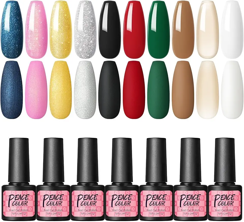 PEACECOLOR Smalto in Gel per Unghie 10 Colori Smalti Semipermanenti Rosso Verde Marrone Giallo Nudo Nero Gel e 5 Fogli Adesivi Decorazioni per Unghie UV Smalto per Unghie