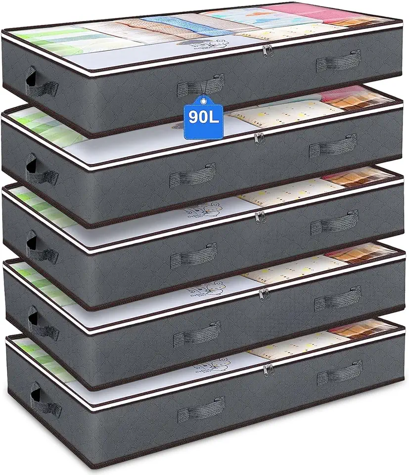 POWZOO 5 Pezzi 90L Contenitori Sottoletto,Contenitore Sottoletto Pieghevole,100x50x18cm,con Finestra Trasparente - Maniglia Rinforzata,per Organizer Trapunte Abiti Stagionali(Grigio)