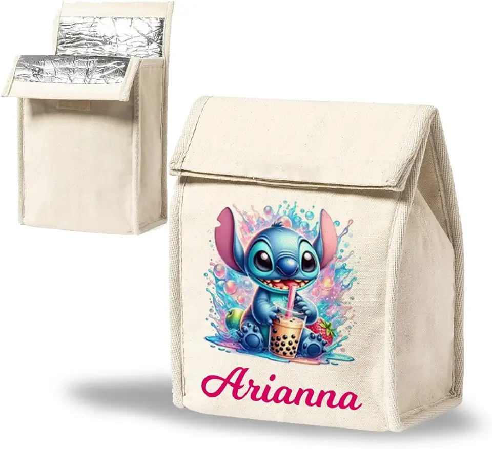 Portamerenda mini borsa frigo scuola personalizzato con nome termoisolante. In cotone naturale lavabile, contenitore per alimenti Caldo/freddo. Portapranzo bambino bambina (SACCA TERMICA)