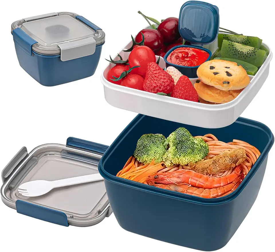 Portapranzo Bento con divisorio e contenitore per salse, portapranzo per bambini adulti di grande capacità da 1500 ml, contenitore per pasti, adatto al microonde e alla lavastoviglie (Blu)