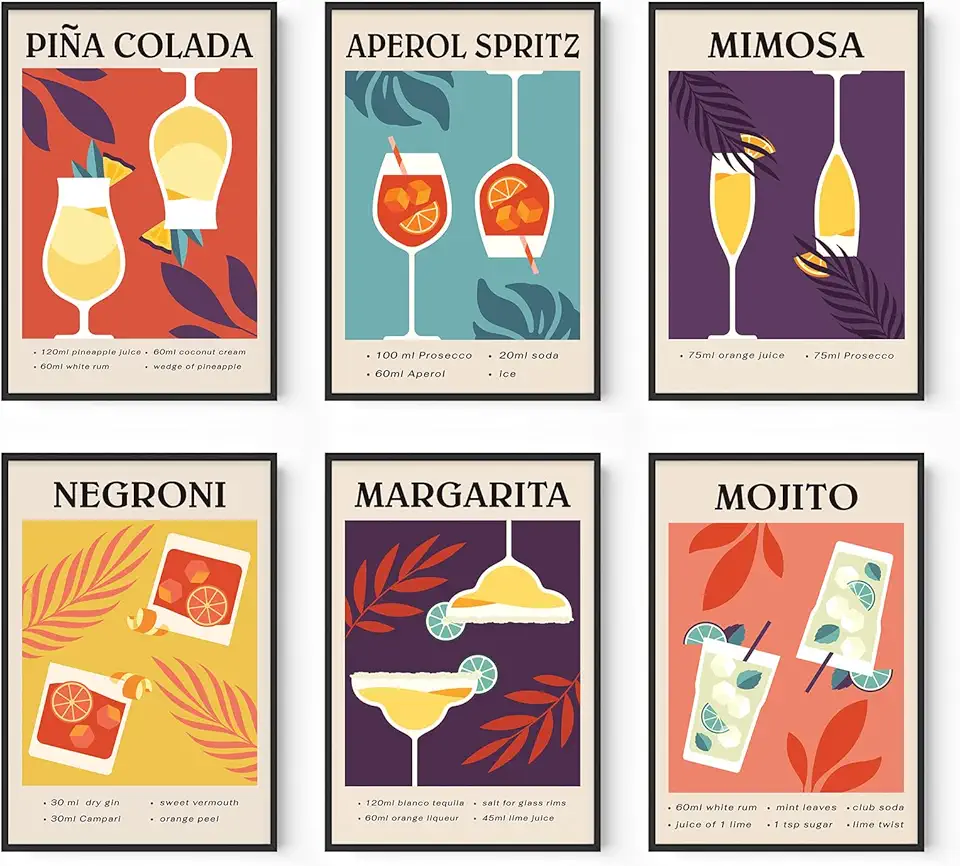 Poster artistico da parete con cocktail, stampe su carta senza cornice (6 pezzi 20,3 x 30,5 cm), decorazione da parete per dormitorio, bar, carrello, accessori per decorazione da parete