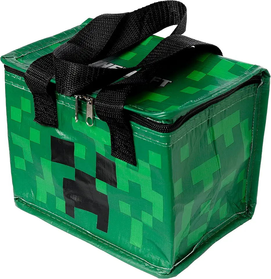 Puckator Borsa termica per il pranzo con motivo Creeper di Minecraft, realizzata con bottiglie di plastica riciclata, borsa termica per il pranzo per donne, uomini, bambini, borsa per il pranzo per
