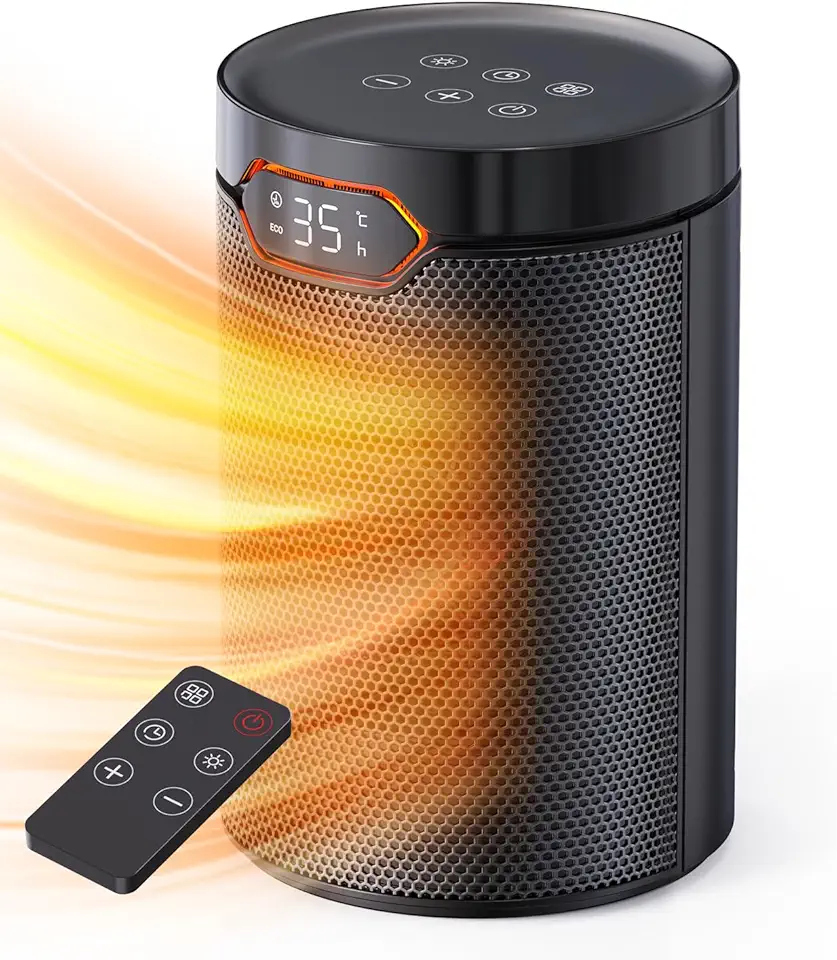 QEXREED Stufetta Elettrica Basso Consumo, 1500W, PTC, Modalità ECO & Breeze, 4 Modalità di Calore, Timer 24H, Termostato, Telecomando, Protezione da Ribaltamento e Surriscaldamento per Casa, Ufficio