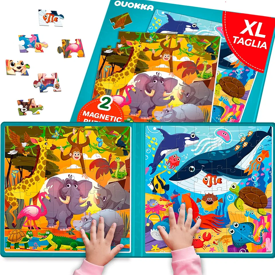QUOKKA Puzzle Magnetico 3 4 Anni – 2x48 Pezzi Puzzle Bambini 5 6 Anni – Giochi da Viaggio per Ragazze e Ragazzi – Libro Magnetico Animali Africani e Marini – Intrattenere Bambini In Aereo et Auto