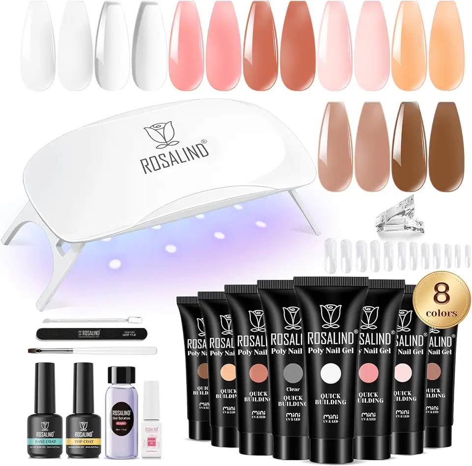 ROSALIND Gel Unghie Ricostruzione Kit Completo 8 Colore 10ml, Poligel Set con Base & Top Coat, Lampada UV e Strumenti per unghie, per Fai Da Te a Casa, Professionale Salone, Kit Unghie Gel Nail Art