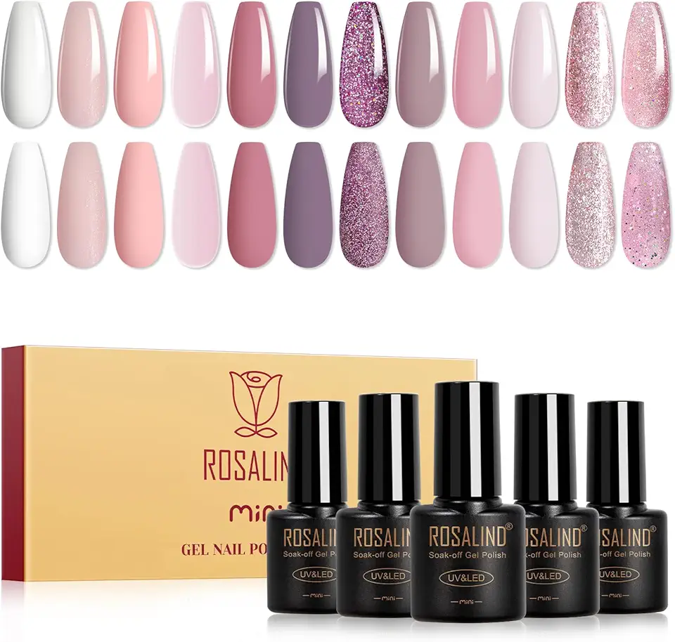 ROSALIND Smalti Semipermanenti per Unghie, 12 Colori Bianco Rosa Nude Viola Avena Smalto Semipermanente Glitter Colori, Soak Off UV/LED Smalto Gel Unghie DIY Nail Art Manicure Regalo