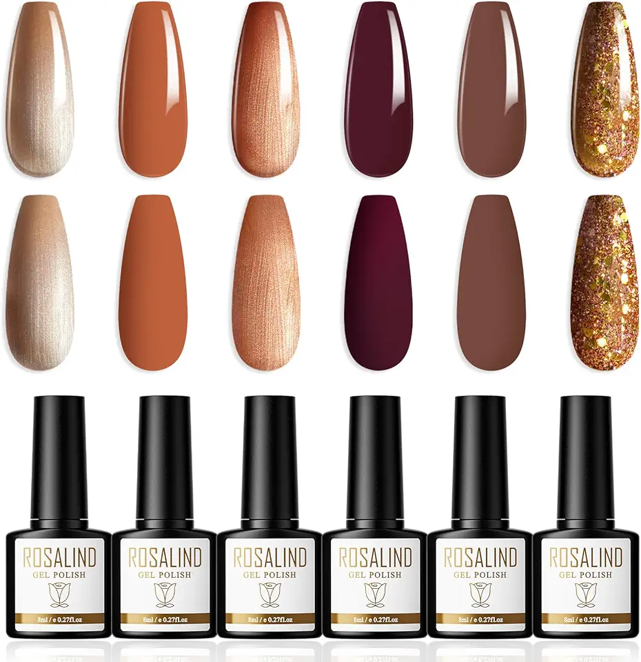ROSALIND Smalti Semipermanenti per Unghie 6 Colori Semipermanente Unghie Marrone Giallo Glitter Smalto Semipermanente Gel Nail Polish Soak Off UV LED Nail Art per l'autunno e l'inverno, 8ml