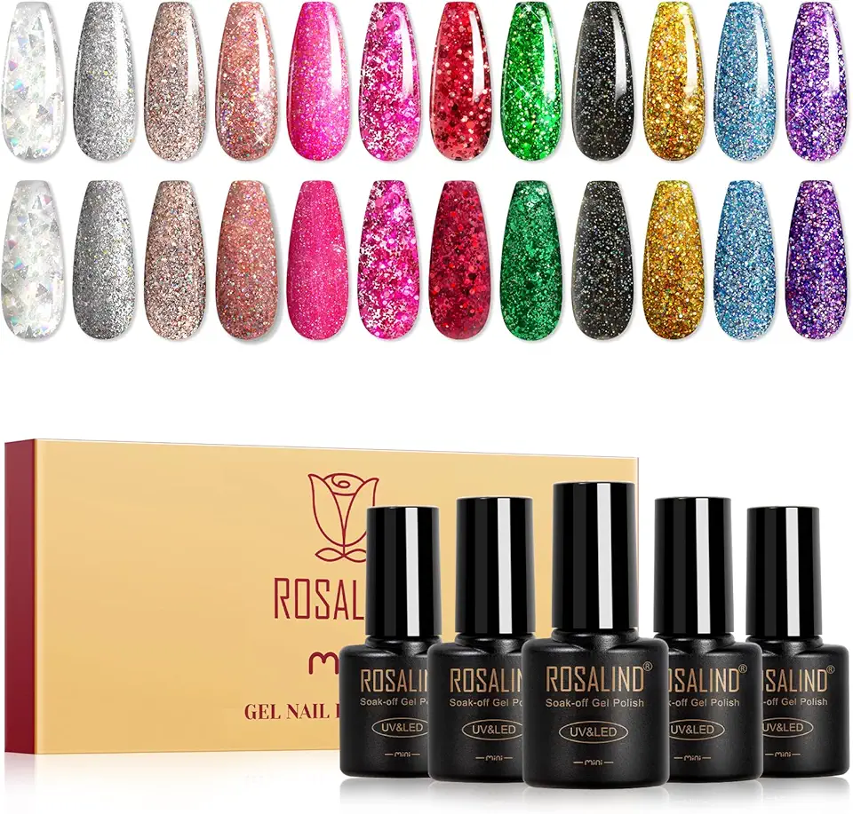 ROSALIND Smalti Semipermanenti per Unghie Glitterato, 12 Colori Glitter Argento Rosa Rosso Verde Nero Oro Blu Viola Smalto Semipermanente, Soak Off UV/LED Mini Nail Art Manicure Smalto Gel Unghie