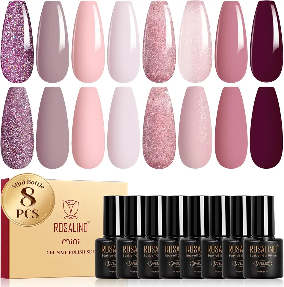 ROSALIND Smalti Semipermanenti per Unghie Viola, 8 Colori Glitter Viola Nude Avena Smalto Semipermanente Colori, Soak Off UV/LED Smalto Gel Unghie DIY Nail Art Manicure Regalo