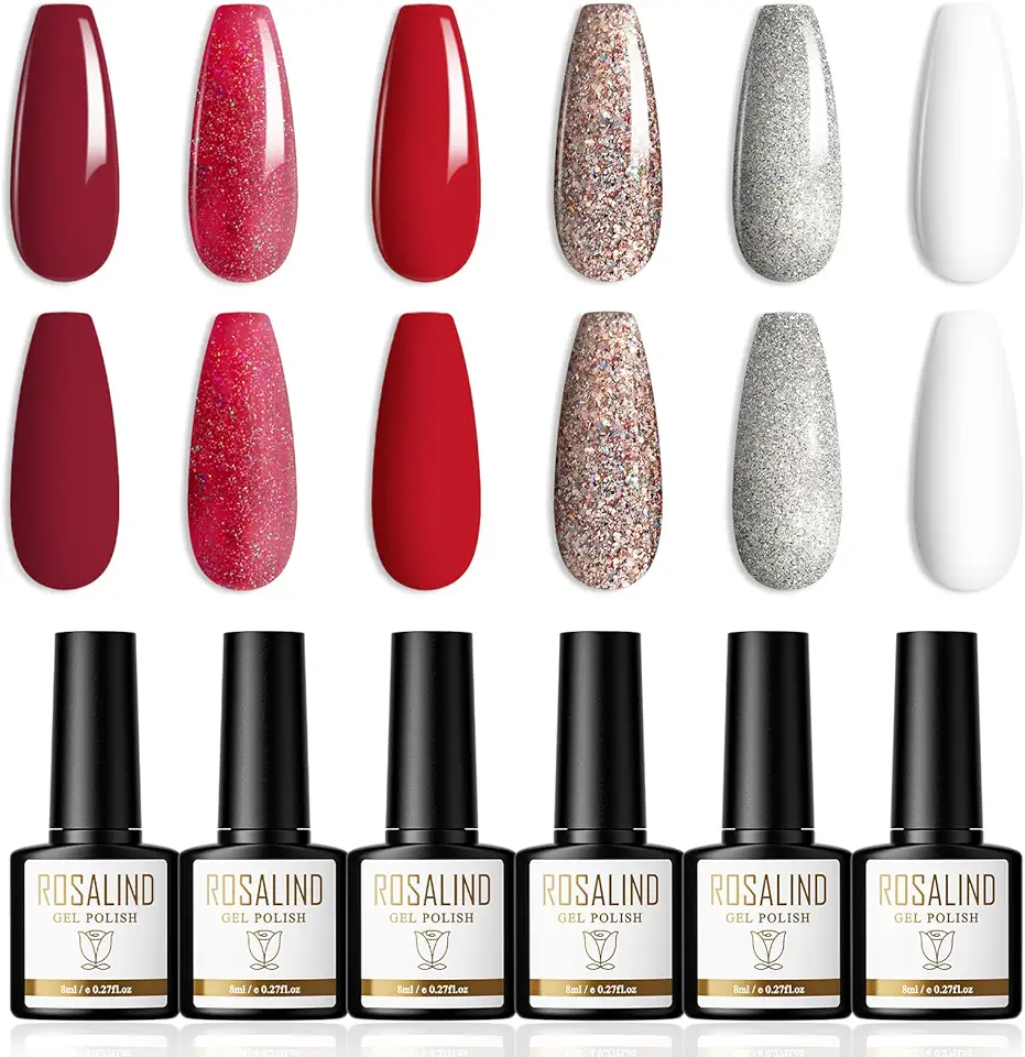 ROSALIND Smalto Semipermanente 6 Colori UV/LED Smalti Semipermanenti per Unghie Rosso Oro Argento Glitter Soak Off Gel Nail Polish, 8ml