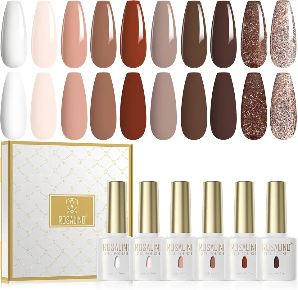 ROSALIND Smalto Semipermanente Unghie, 10 Colori Bianco Nude Marrone Scuro Chiaro Marrone Glitterato Smalti Semipermanenti per Unghie, UV/LED Smalto Gel Unghie Autunnali e Invernali Manicure Regalo
