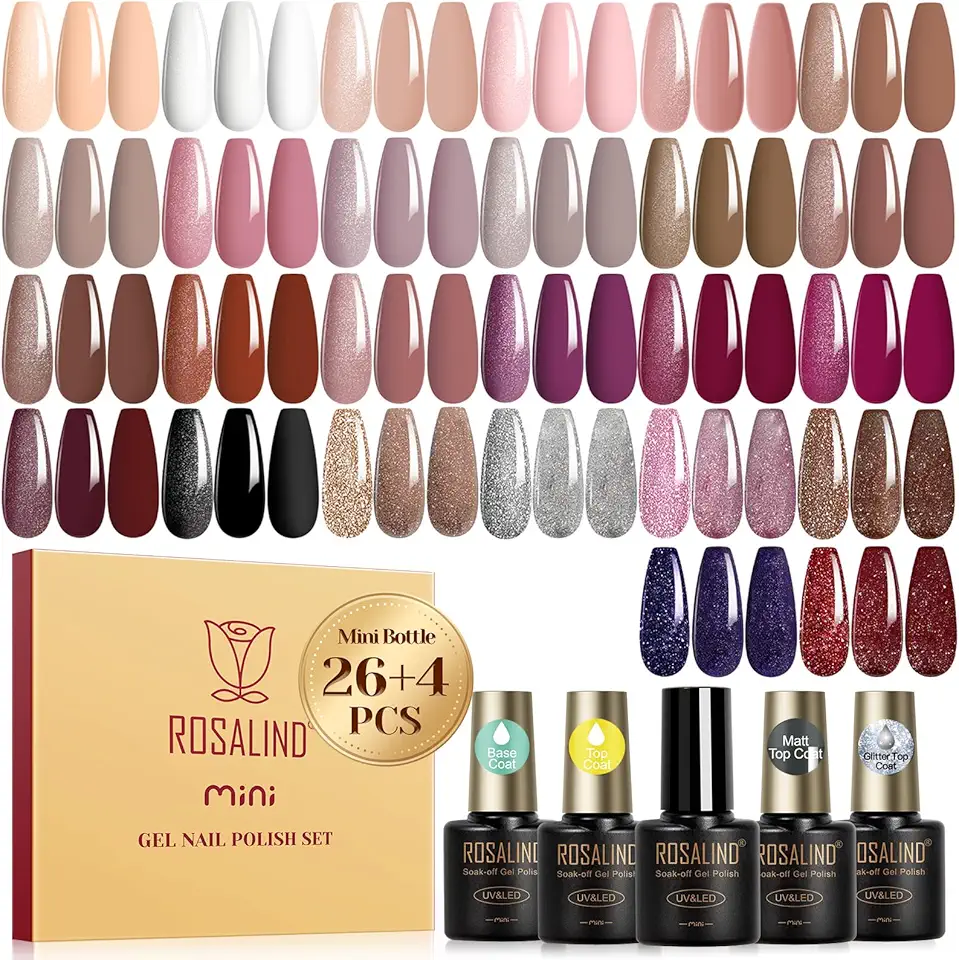 ROSALIND Smalto Semipermanente Unghie, 30 Pezzi Bianco Marrone Viola Avena Colori Smalti Semipermanenti per Unghie, Mini Smalto Gel Glitter Colori Soak Off UV/LED Autunnali Invernali Manicure