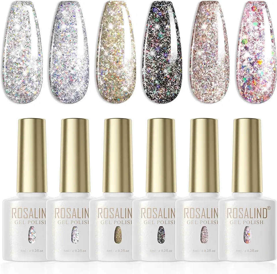 ROSALIND Smalto Semipermanente per Unghie Glitterato,6 Colori Argento Oro Nero Brillante Kit,Smalti Per Soak Off UV/LED Nail Polish Lampada Diy Manicure Nail Art Set