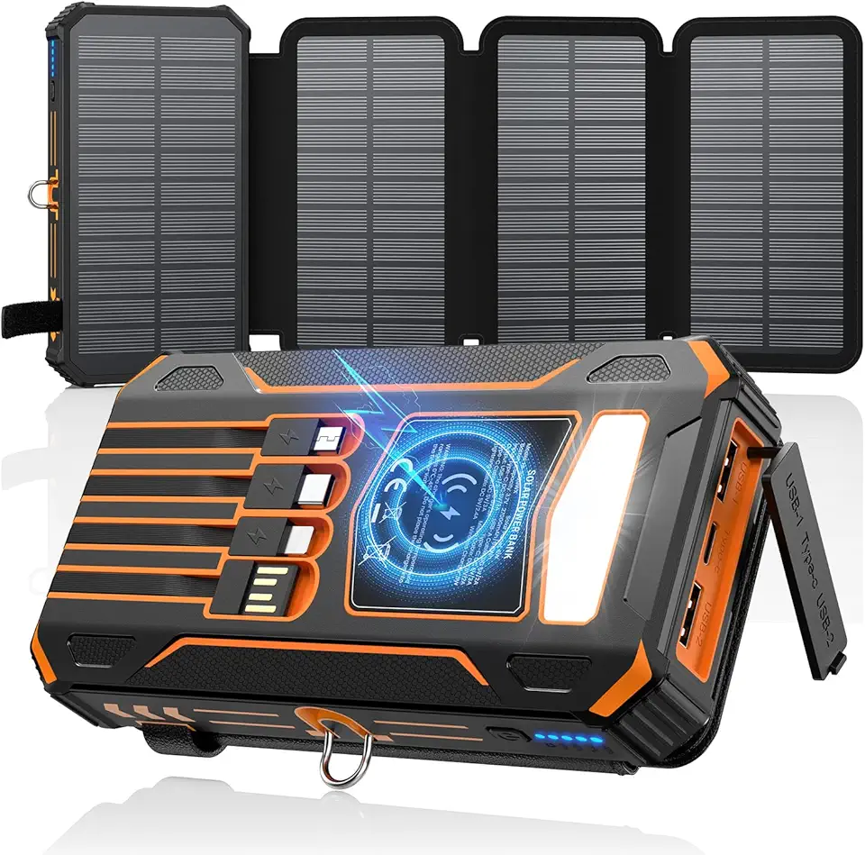 SOARAISE-Caricatore-Solare-Power-Bank-27000mAh - Impermeabile Caricabatterie Solare con 4 Cavi & 4 Pannelli Solares, PD QC 3.0 USB C Ricarica Rapida Batteria Esterna per Telefono (Arancione)