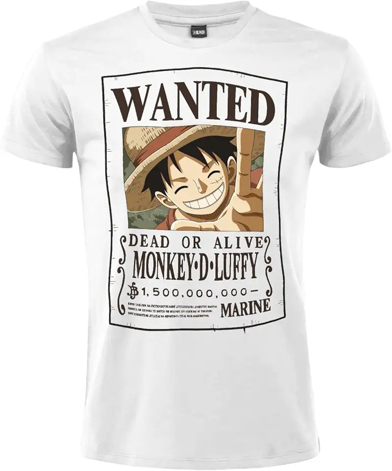 Sabor srl T-Shirt Cappello di Paglia. Modello Wanted Ricercato. Monkey D. Luffy Cotone Unisex Bianca