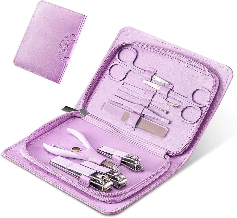 Set Manicure-Pedicure Kit Tagliaunghie Portatile Da Viaggio - Cura Del Viso, Delle Cuticole E Delle Unghie Con Lussuosa Custodia Da Viaggio in Pelle Per Unghie Spesse (10, Viola)
