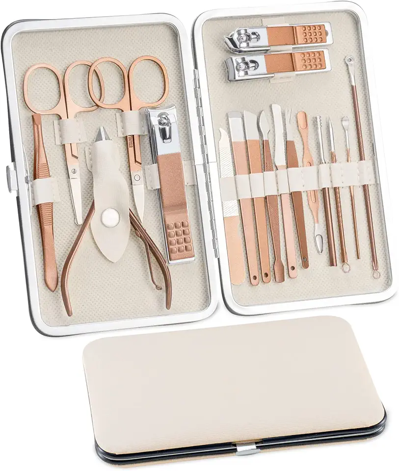 Set per manicure, 18 pezzi, set per la cura delle unghie, per pedicure, da donna e da uomo, in acciaio inox, set di manicure per unghie, set di bellezza portatile, per viaggi (oro rosa)