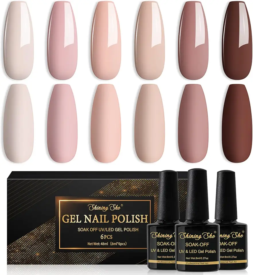 Shining She Smalto Semipermanente Nude,6 Colori Rosa Nudo Beige Albicocca Marrone Smalto Semipermanente Unghie,Serie Nude Smalti per Unghie Gel UV/LED,Autunno e Inverno Manicure Art,8ML
