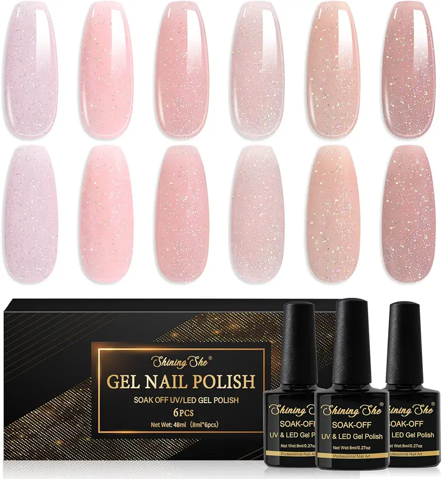 Shining She Smalto Semipermanente Unghie Glitter Jelly,6 Colori Nude Rosa Luccichio Olografico Semipermanente Unghie Soak-Off UV/LED,Trasparente Laser Effect Smalto Unghie 8ML