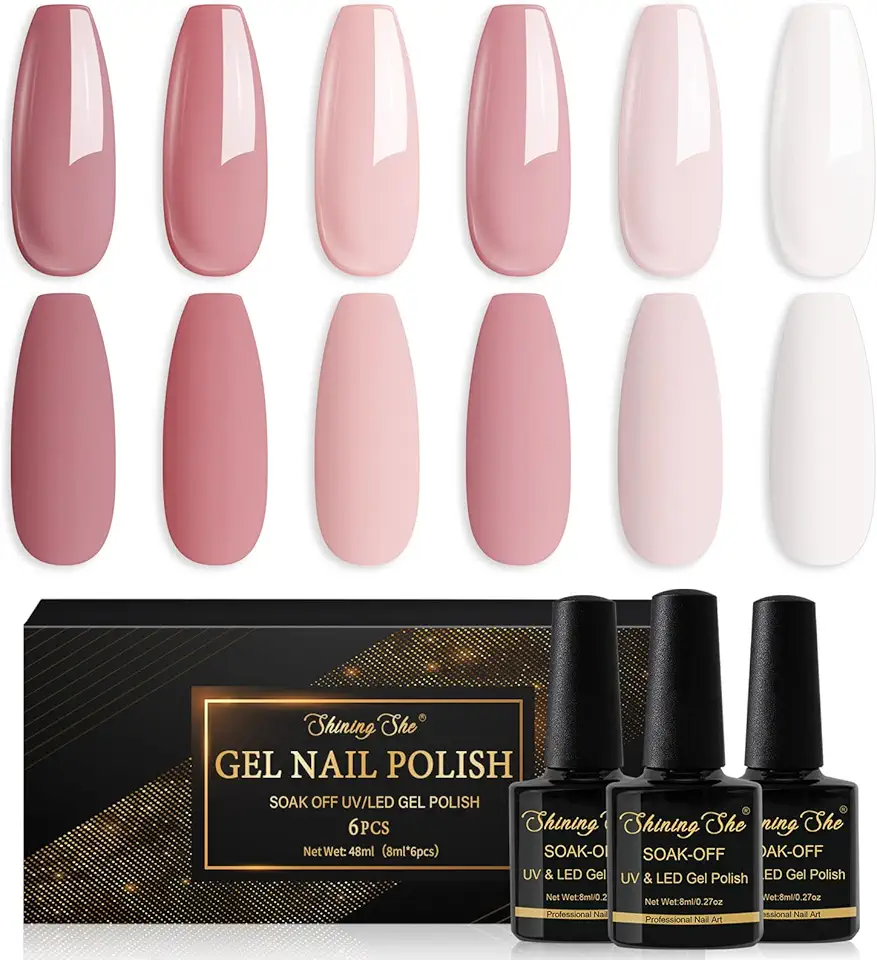 Shining She Smalto Semipermanente per Unghie, 6 Colori Nude Rosa Bianco Rosa-Marrone Smalto Semipermanente Unghie Soak-Off UV per Novice Nail Art DIY, 8ml