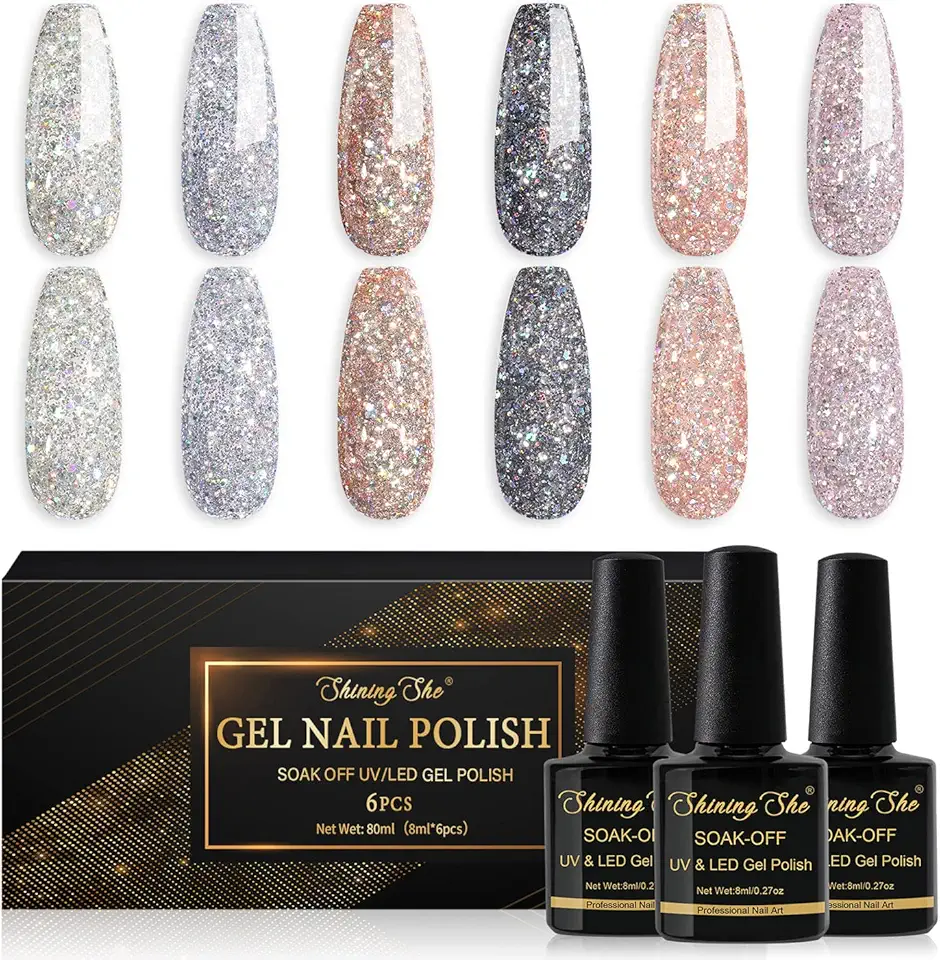 Shining She Smalto Semipermante Glitter, 6 colori Gel Glitter Unghie Smalti Semipermanenti per Unghie Soak-Off UV Smalto Unghie per Principianti Nail Art DIY,8ml