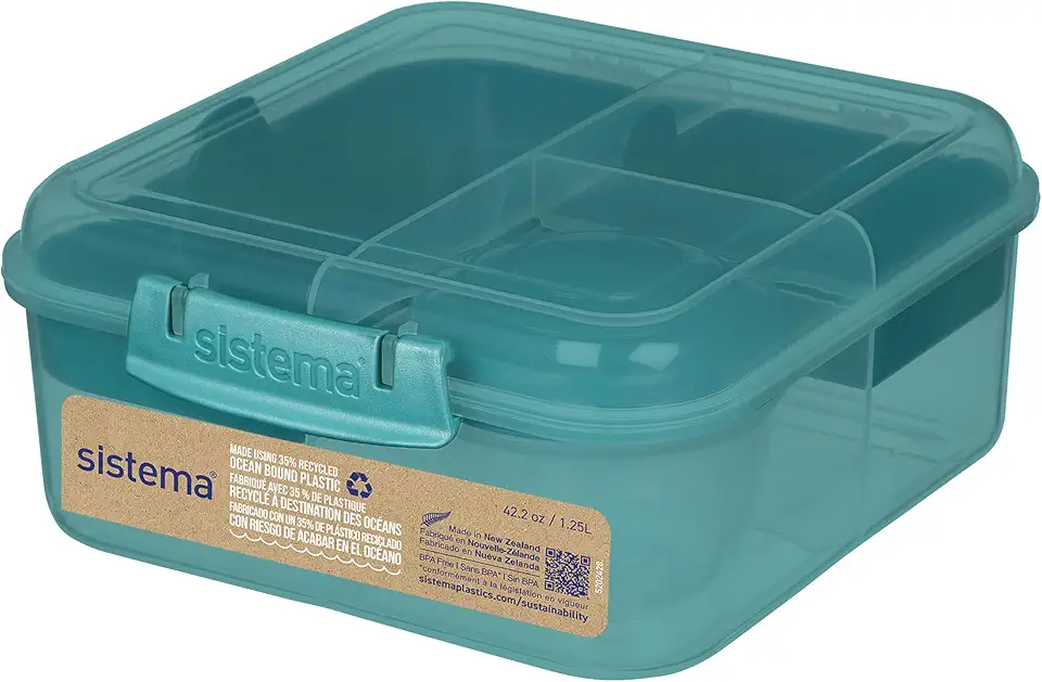 Sistema Bento Box | 1,25 L | Porta pranzo bambina con scomparti e contenitore per snack | Realizzata con plastica recuperata dagli oceani | Teal Stone | 1 pezzo