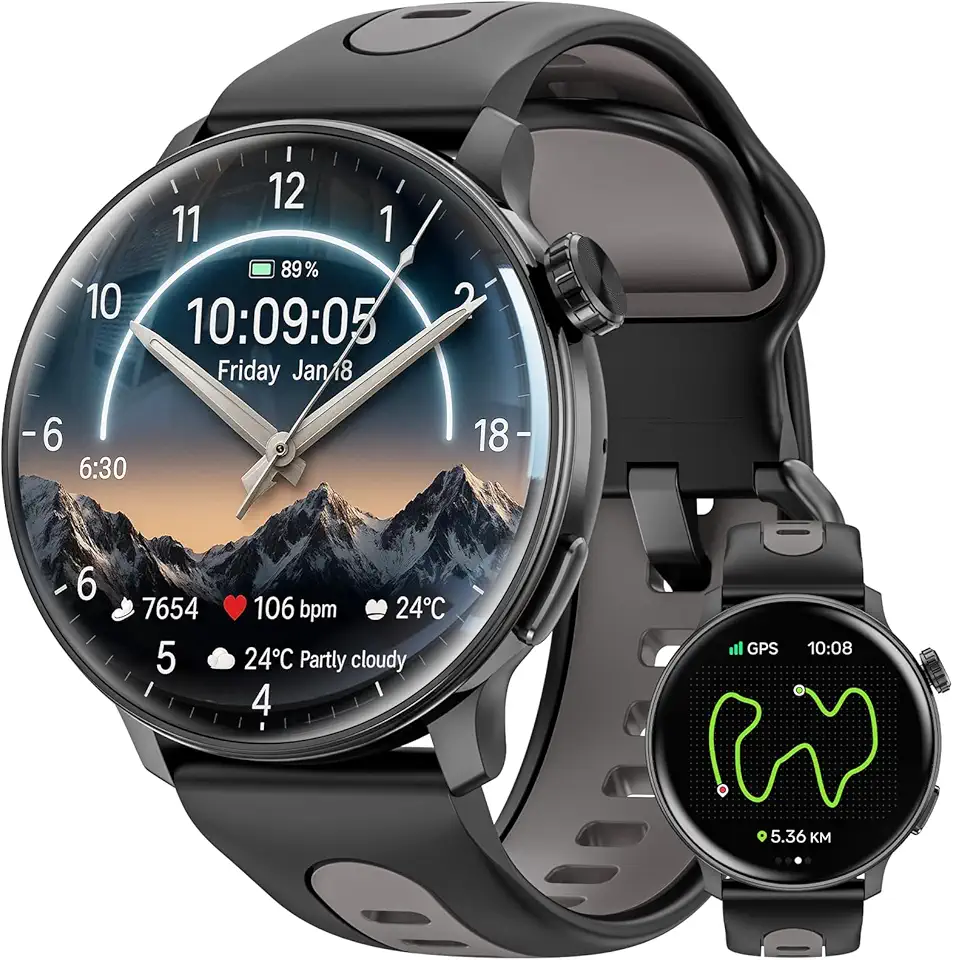 Smart Watch GPS, Orologio Smart con Schermo AMOLED da 1.43" per Uomo/Donna, Tracker Fitness, Compass Smartwatch Militare, Compatibile con Android & iOS (Rispondi/Chiamate Bluetooth) (Nero)