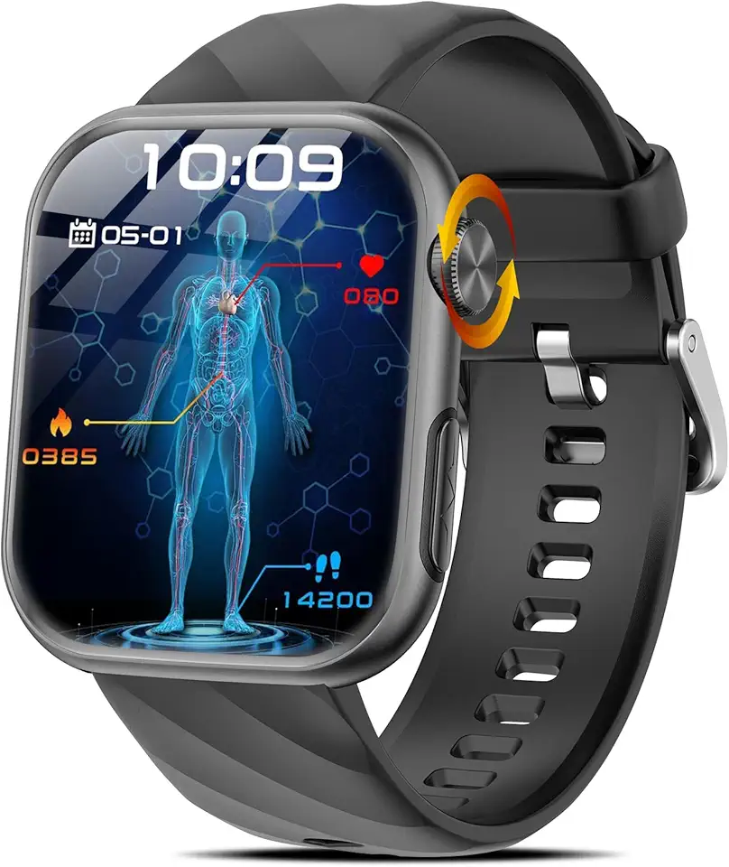 Smartwatch Uomo con ECG/𝐆li𝐜𝐞𝐦𝐢𝐚/Acido Urico/HRV/Pressione Sanguigna/Sonno/BMI/Temperatura Corporea/Cardiofrequenzimetro,1,97"AMOLED Orologio Fitness con Chiamate, Pulsante SOS (Nero)