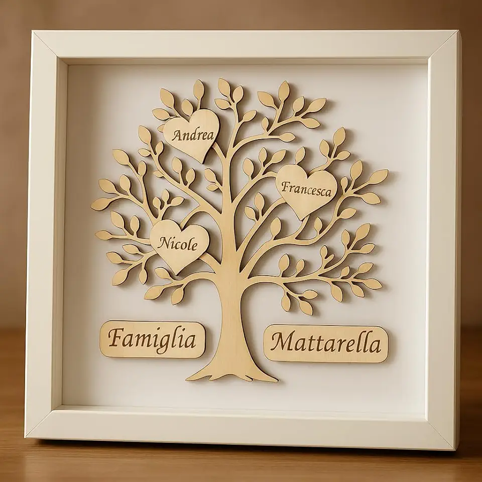 Stileitaliano Quadro Personalizzato Albero della Vita in Legno con Cornice, Regalo Famiglia con Nomi Incisi, Decorazione da Parete o Tavolo, Bianco