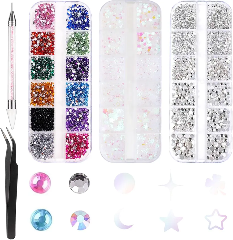 Strass e Brillantini per Unghie, 4200 Pezzi Colorati per Nail Art, DIY Kit Con Pinzetta e Pennarello