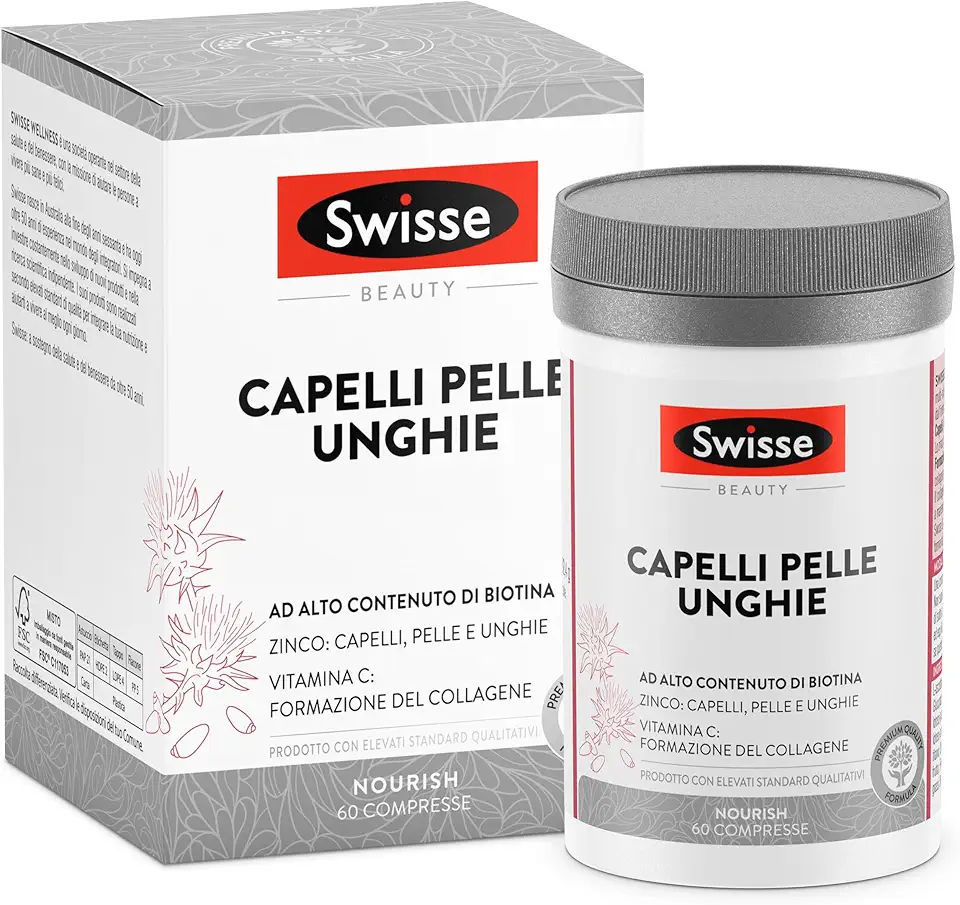 Swisse Integratore Capelli Pelle Unghie, Integratore Alimentare con Biotina, Zinco, Vitamina C, Ferro, Silicio ed estratto di Cardo mariano, 60 Compresse