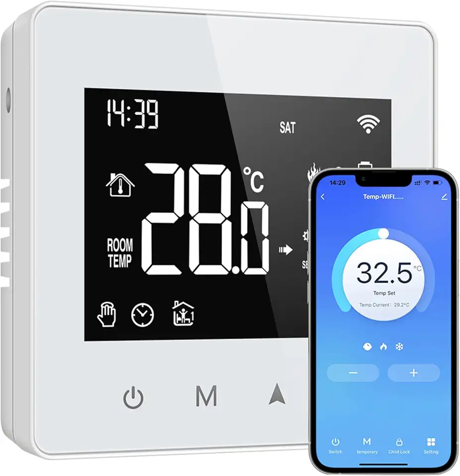 Termostato collegato WiFi, Tuya Termostato collegato Termostati Caldaia Gas, con Schermo LED Touch, Termostati programmabili, Compatibile con Alexa e Google Home, Controllo vocale e remoto