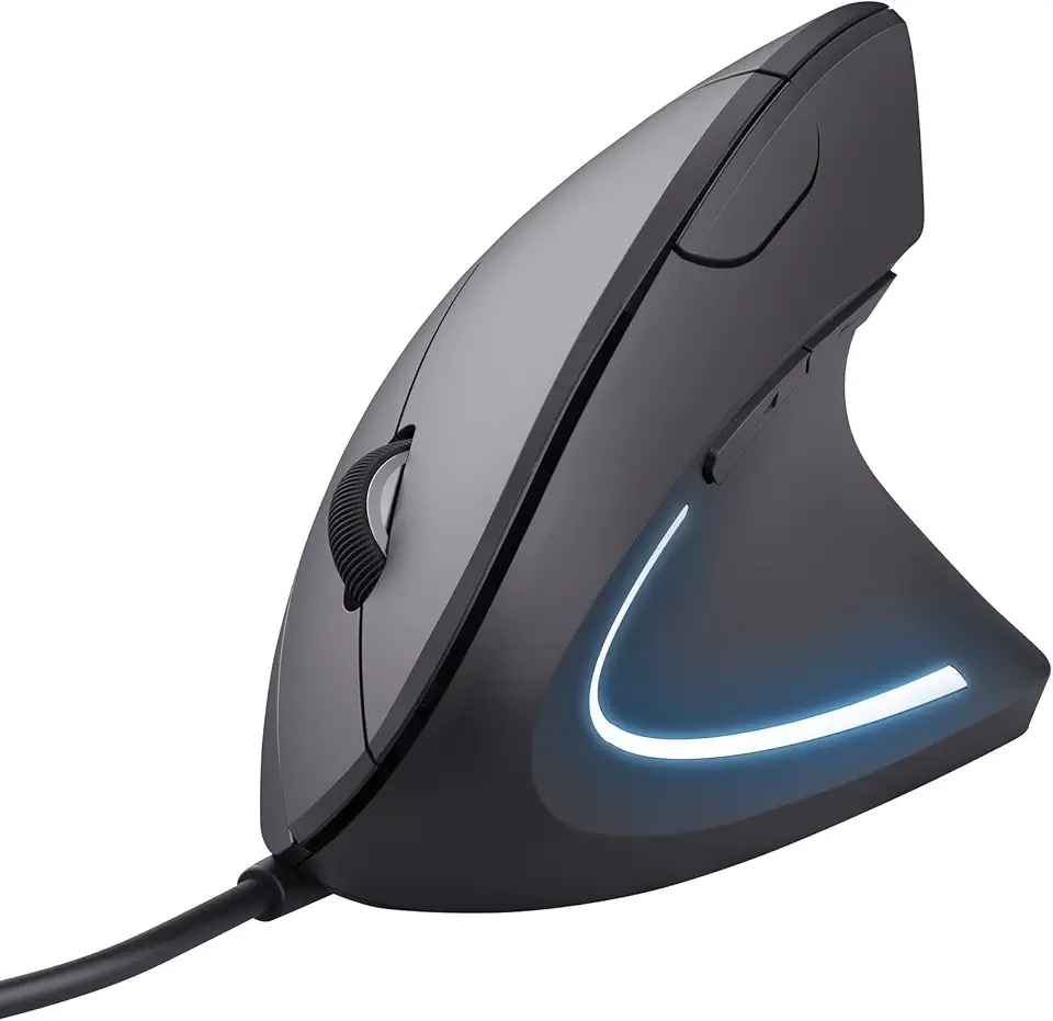 Trust Verto Mouse Verticale Cablato, Mouse Ergonomico con Filo, 1000/1600 DPI, Cavo USB 1,5 m, Illuminazione LED, 6 Pulsanti per PC, Computer, Portatile, Mac - Nero