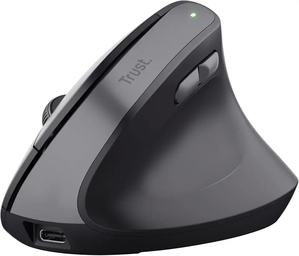 Trust Yuno Mouse Ergonomico Senza Filo, Mouse Verticale Ricaricabile, Ricevitore USB da 2,4GHz, DPI Regolabile (800-2400), Sensore Ottico, 6 Pulsanti, 70% Plastica Riciclata, Macbook, Computer - Nero