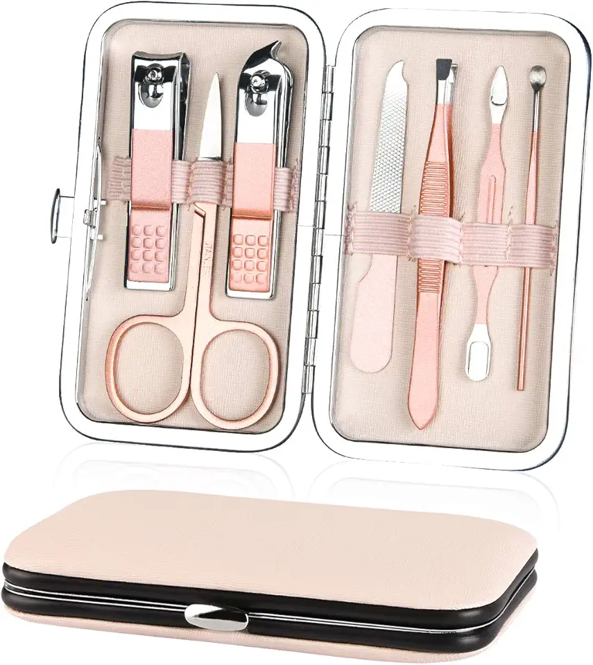 URAQT Tagliaunghie Set Professionale, 7 Pezzi Grooming Kit Strumenti per Manicure con Bella Box (Oro Rosa)