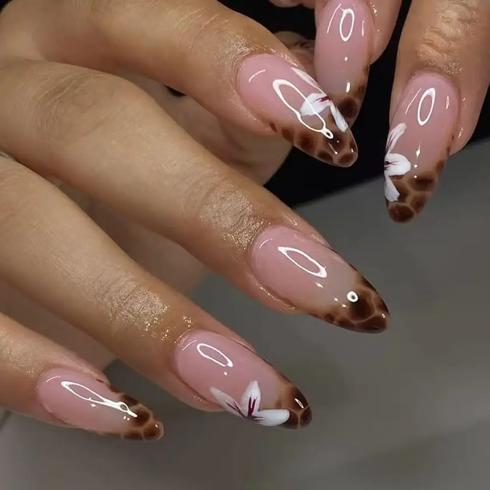 Unghie Finte Corte MouyouGlow,Mandorla Nudo Rosa Leopard French Cymbidium Fiori Floreali Primavera Autunno Press on Nails con Colla,Natural Pink Flowers Autumn Acryl Fake Nails
