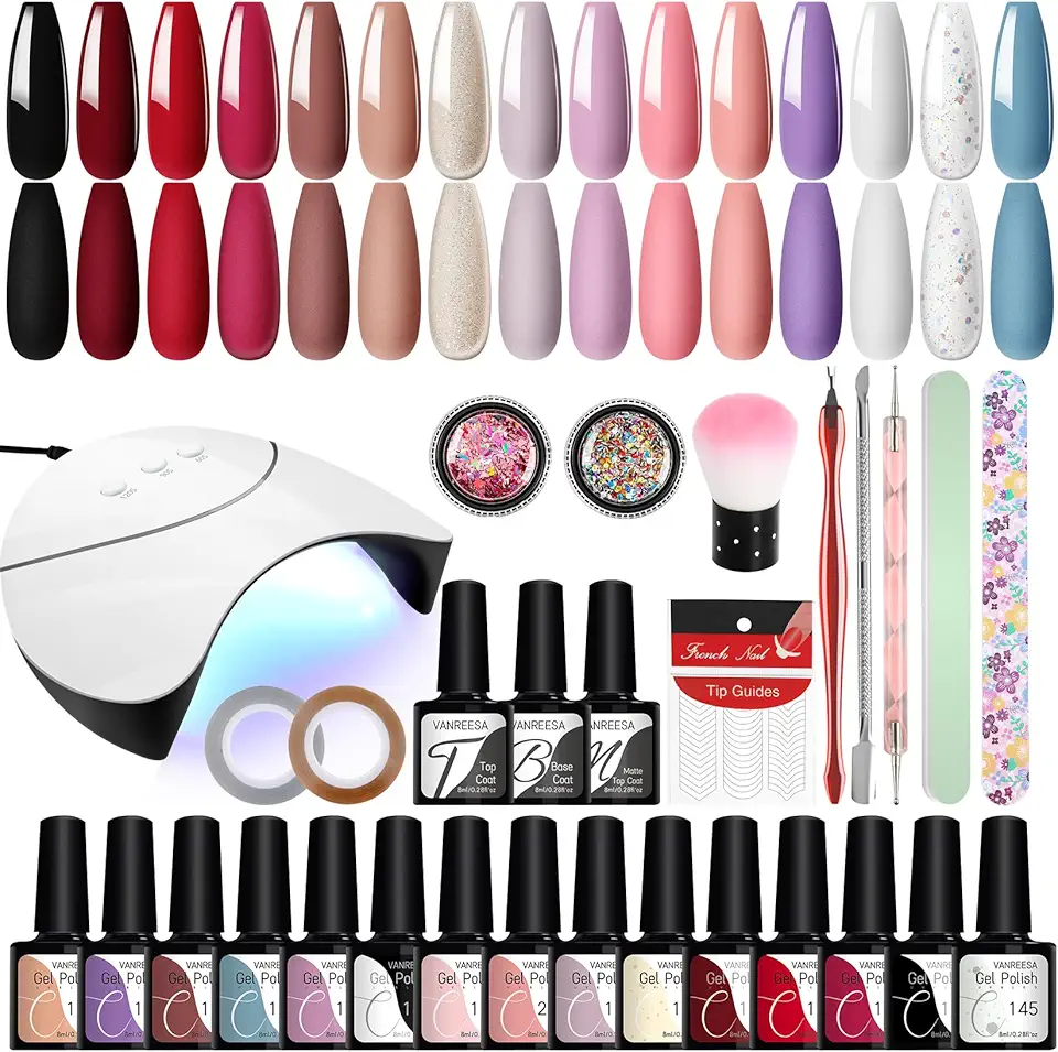 VANREESA Kit Semipermanente Unghie, 15 Coloris Set Smalto Semipermanente Unghie con U V/LED Lampada Kit Unghie Gel Completo con Matt Top Base Coat Regali per Principianti