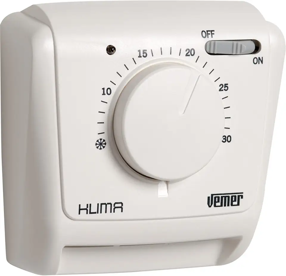 VEMER VE021200 KLIMA SI - Termostato Meccanico a Espansione di Gas per Caldaia/Condizionatore, Funzione Riscaldamento/Condizionamento, Interruttore ON/OFF e Spia di Funzionamento, Bianco