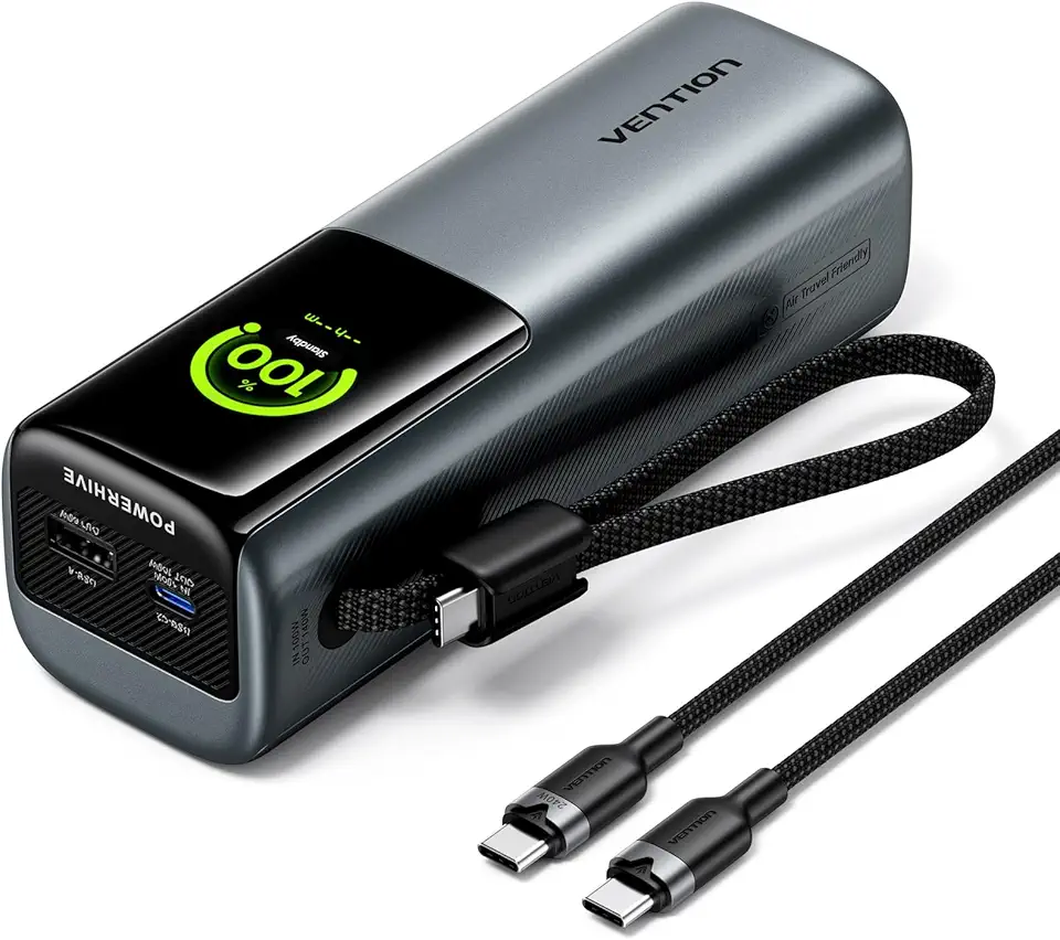 VENTION 27000 mAh Laptop Powerbank 200 W Ricarica Rapida Display Digital & Emoji Animation, Cavo USB-C integrato, 2 x USB-C + USB-A, per iPhone 16/15/14/13 Pro Max, MacBook, Dell, HP, Galaxy S24