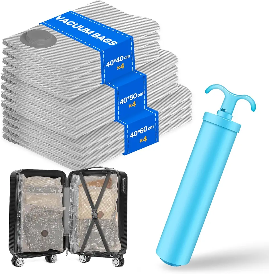 Vacbird - 12 sacchetti sottovuoto per vestiti, con pompa (4 x 40 x 40 cm, 4 x 40 x 50 cm, 4 x 40 x 60 cm), riutilizzabili, adatti per spostamenti, viaggi e per conservare capi stagionali