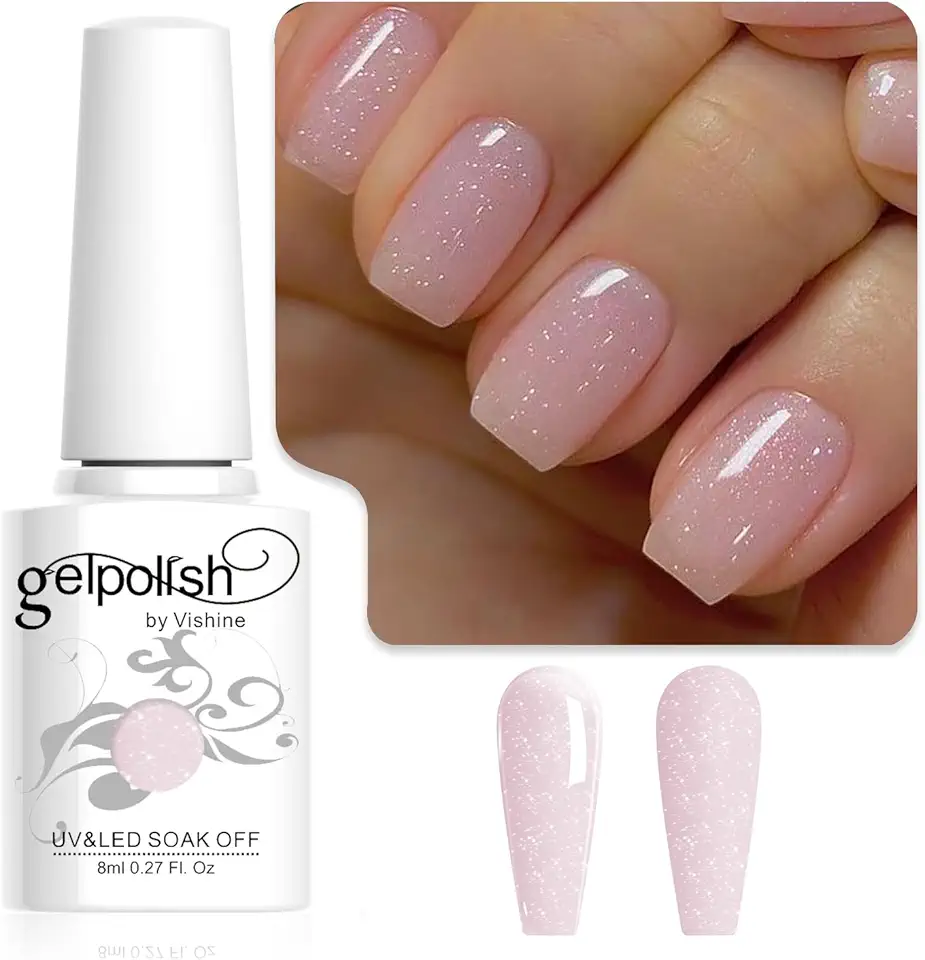 Vishine Smalto Gel Semipermanente Trasparente Glitterato Rosa Nudo, Jelly Lattiginoso Glitter Smalto Soak-Off UV LED Nude Per Studio di Manicure Fai da Te a Casa 8ml