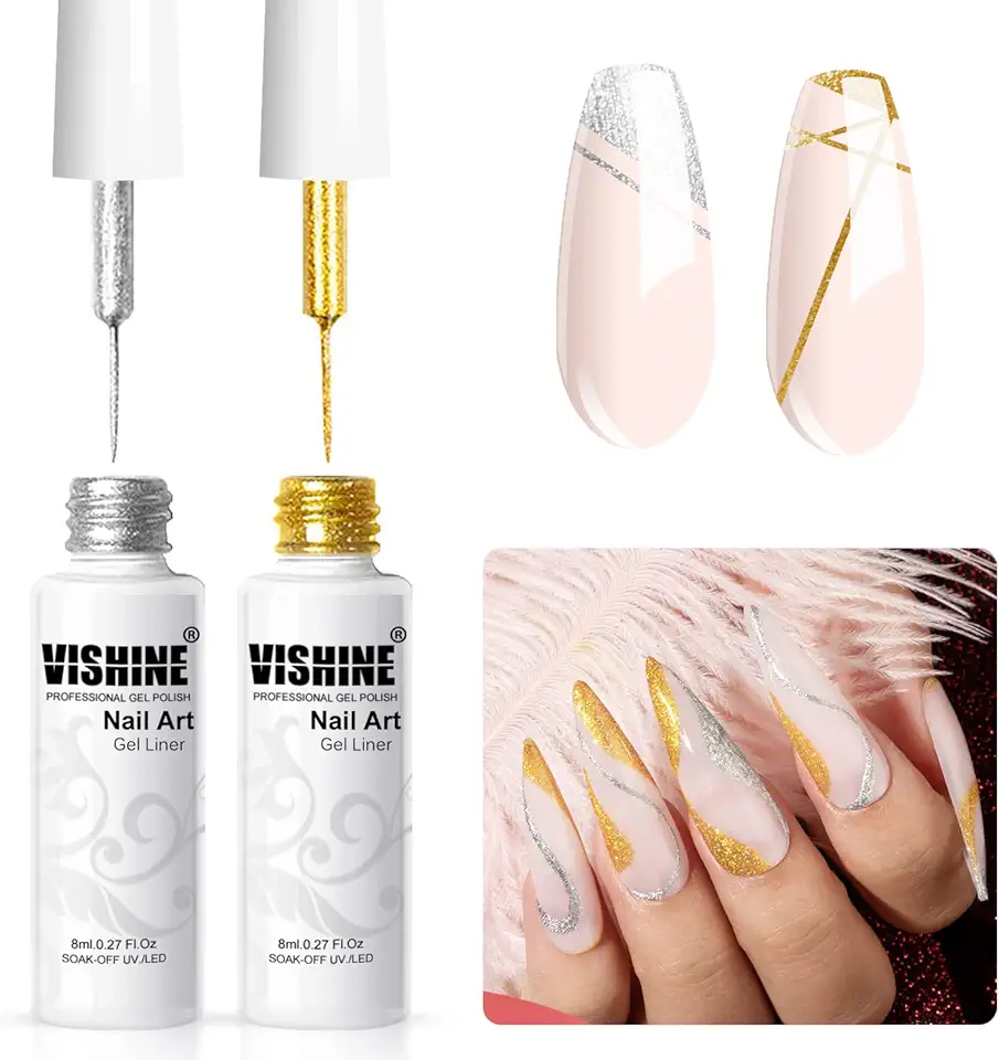 Vishine Smalto gel per unghie, glitter metallizzato, oro e argento, per nail art e french manicure