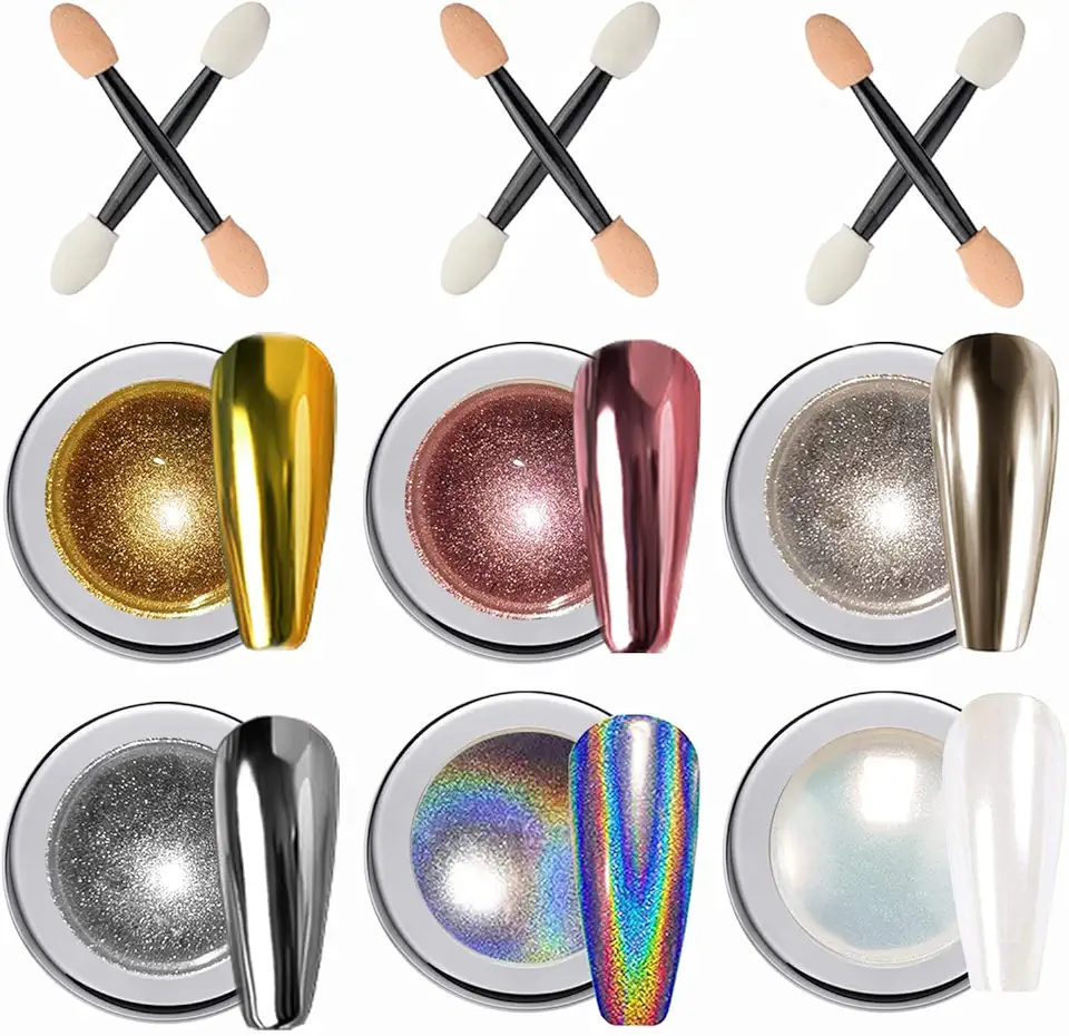 Wahrshei 6 Polvere Cromo per Unghie, Nail Art Glitter con Effetto Specchio, Polvere Laser per Unghie, Polvere Effetto Perla per Glazed Donut Nails
