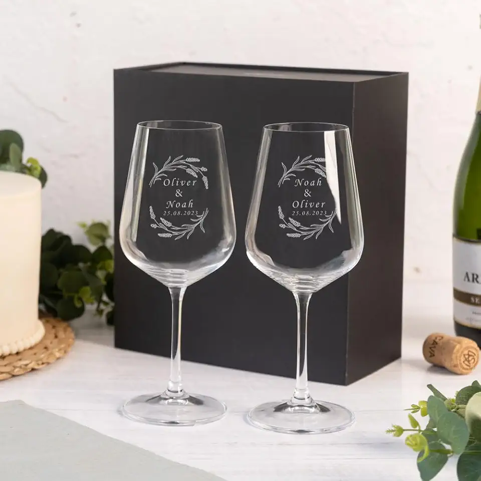 Wanapix | Calice di Vino Personalizzato | Con Scatola Regalo | Set da 2 | Bicchiere da Vino | Cristallo di Boemia | Inciso al Laser | 45 cl | Regalo originale | Flowers