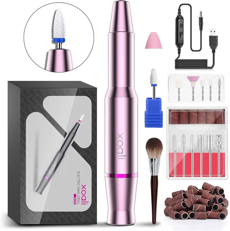 Xoali Fresa per Unghie 25000RPM, 12 in 1 Lima Elettrica per Unghie Professionale Portatile, Levigatrice per Unghie con Punta in Ceramica, Velocità Regolabile, Manicure Pedicure Kit per Nail Art(Rosa)