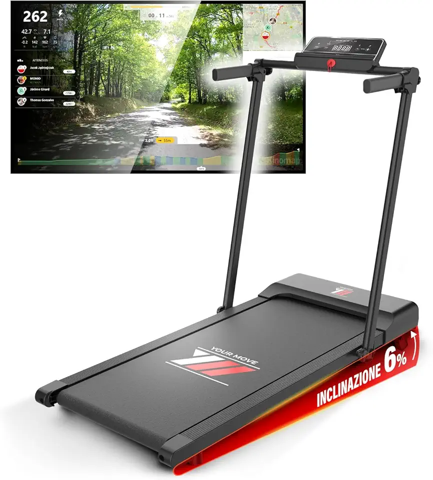 YM Tapis Roulant Elettrico Salvaspazio 12 km/h, Tappeto Corsa MAXI 42cm, MARCHIO ITALIANO, Telaio rinforzato, APP Interattive Bluetooth, Pieghevole, 12 Programmi, NEXT 1000 Your Move ASSISTENZA ITALIA