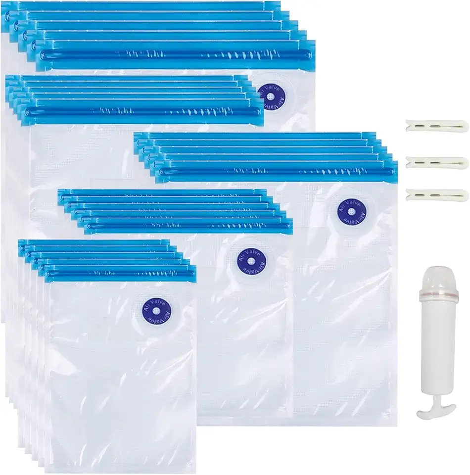 YOUNGSAY 20 Pezzi Sacchetti Sottovuoto Riutilizzabili Alimenti, Senza BPA Sacchetti Sottovuoto Alimenti Piccoli con Pompa Manuale e Clip di Tenuta per Cotture a Bassa o Alta Temperatura (5 Misure)