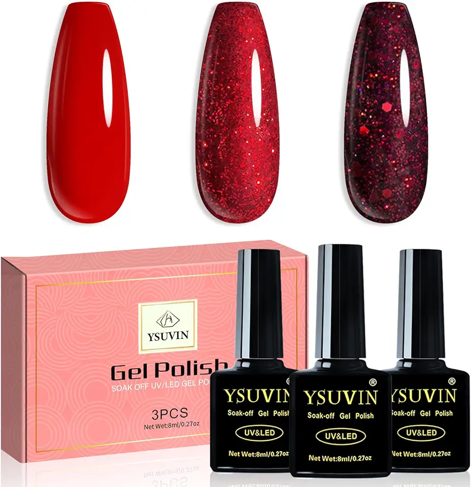 YSUVIN Semi Permanente Smalto per Unghie, 3 Colori Intervallo Rosso Glitter Smalto Gel Soak Off UV/LED Set per Unghie Per La Casa Fai Da Te Nail Salon, Regalo di San Valentino di Natale